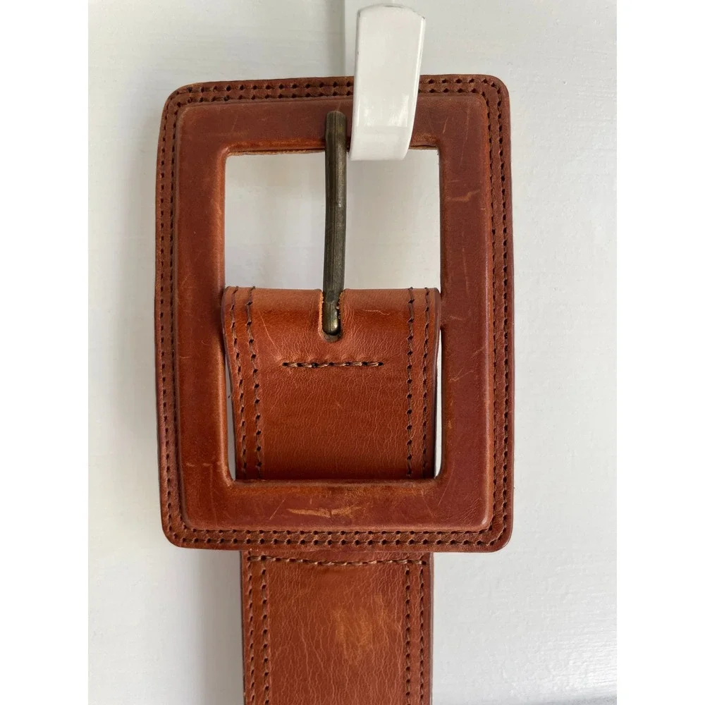 Vintage Made in Italy Wide Brown Leather Belt Square Buckle Statement Size L